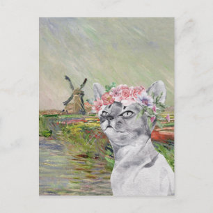 Carte Postale Monet Champ Tulipes et Chat fantaisie