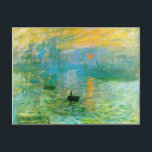 Carte postale Monet Impressionnisme Sunrise<br><div class="desc">Carte postale Monet Impressionnisme Sunrise. Peinture à l'huile sur toile 1872-73. Sunrise, l’une des peintures les plus influentes de Monet, est exposée pour la première fois en 1874 à Paris où un critique d’art impressionné utilise le terme "impressionniste" pour caractériser l’oeuvre, le étiquette coincé et le mouvement impressionniste en cours....</div>