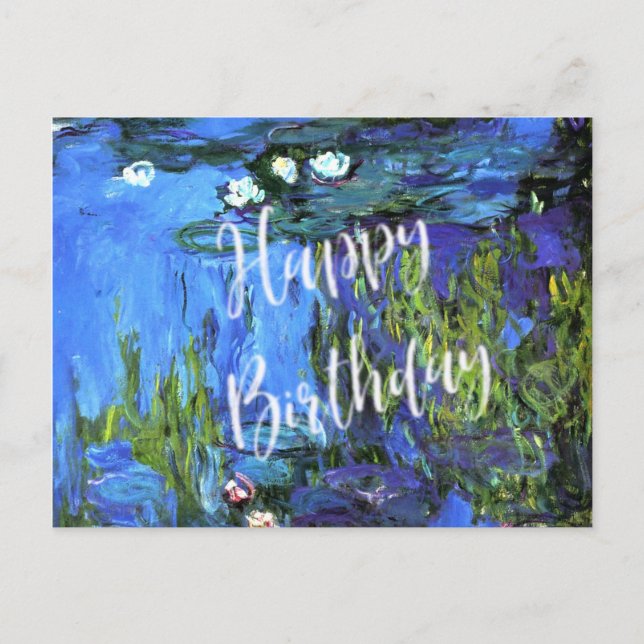 Carte Postale Monet - Nymphéas, bleu indigo, vœux d'anniversaire (Devant)