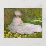 Carte postale Monet Springtime<br><div class="desc">Carte postale Monet Springtime. Huile sur toile de 1872. Claude Monet, impressionniste français, est surtout connu pour ses toiles de jardin et de nénuphars, mais ses premières oeuvres sont aussi belles et charmantes. Springtime est un tableau représentant une jolie jeune femme en robe rose et un bonnet rose assis dans...</div>