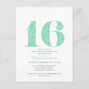 Carte Postale Monnaie Vert Floral Sweet 16 Anniversaire Invitati