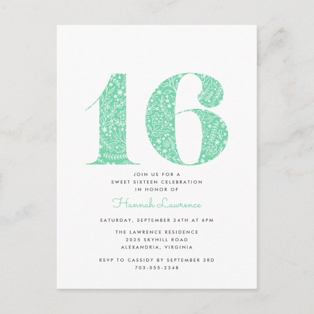 Carte Postale Monnaie Vert Floral Sweet 16 Anniversaire Invitati (Devant)