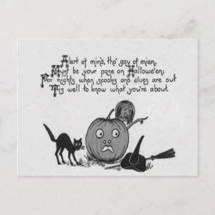 Carte Postale Monochrome sorcier noir Chat Jack-o'-lantern poème