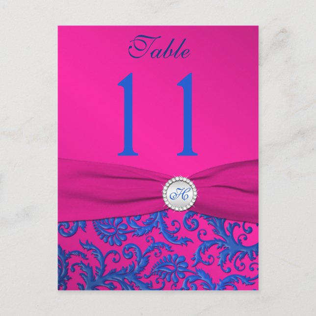 Carte Postale Monogram Cobalt and Fuchsia Damask Table Number (Devant)