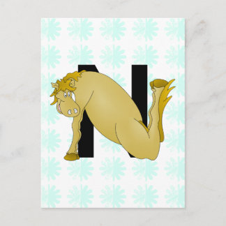 Carte Postale Monogram N Cartoon Horse Personnalisé