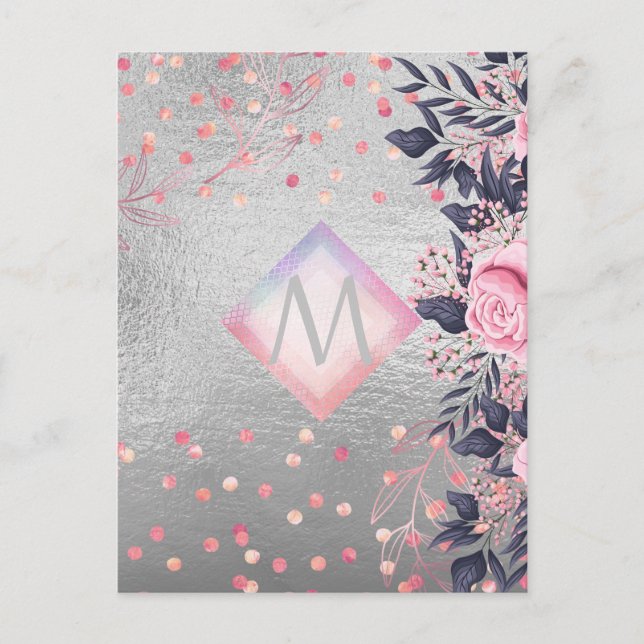Carte Postale Monogram Silver Navy Rosegold Girly Newlyweds Cade (Devant)
