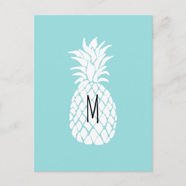 Carte Postale monogramme ananas graphique blanc sur pastel blu (Devant)