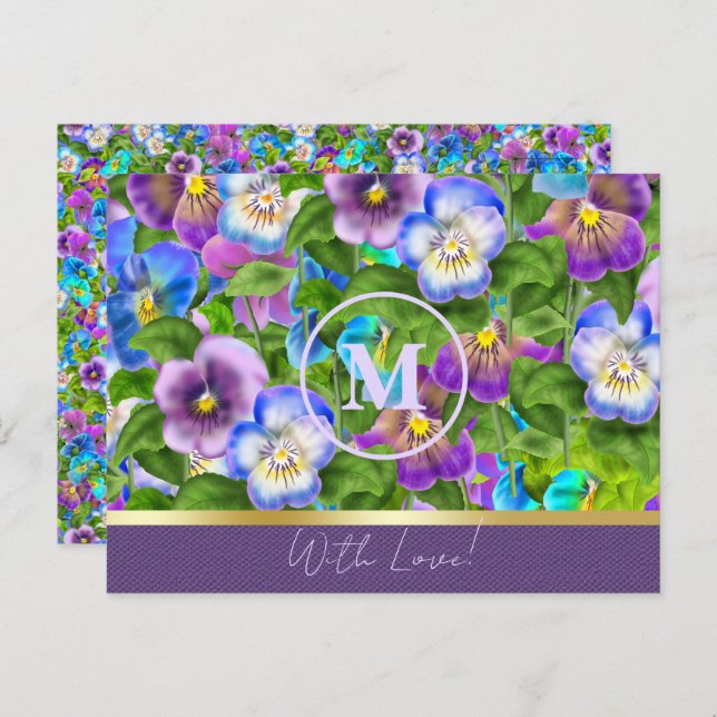 Carte Postale Monogramme Anniversaire Pansy Violet Fleurs Aquare (Devant / Derrière)