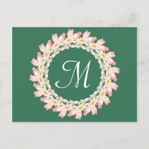 Carte Postale Monogramme avec cadre de roses roses et de nénupha