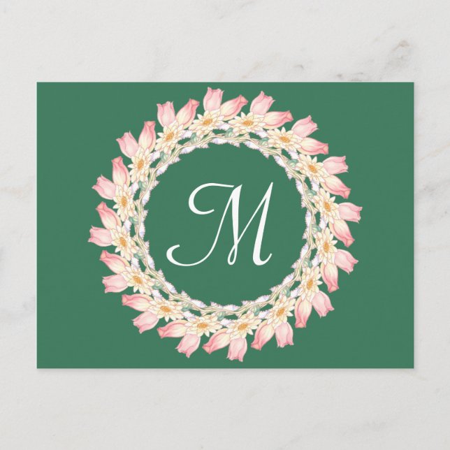 Carte Postale Monogramme avec cadre de roses roses et de nénupha (Devant)