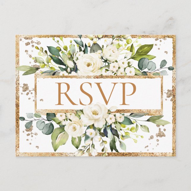 Carte Postale Monogramme blanc or Mariage floral RSVP (Devant)