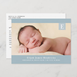 Carte Postale Monogramme bleu Baby Boy Photo Faire-part de naiss