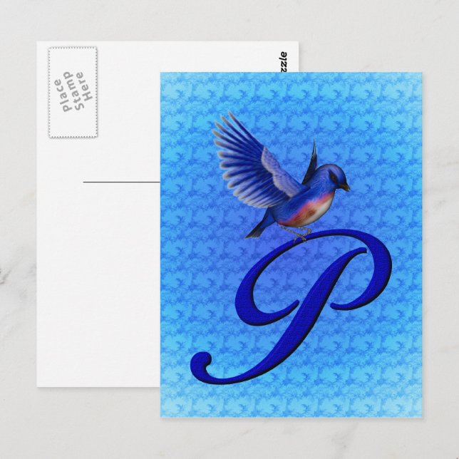 Carte Postale Monogramme Bluebird Initiale P Élégant (Devant / Derrière)