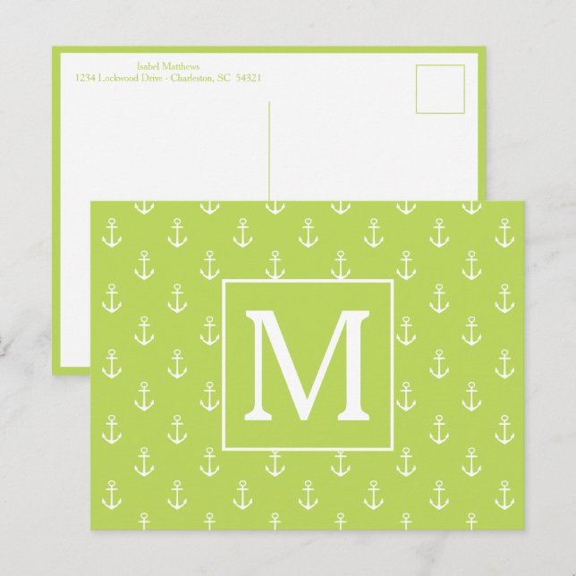 Carte Postale Monogramme d'ancres vert feuille de palmier et bla (Devant / Derrière)
