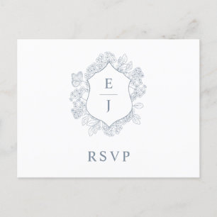 Carte Postale Monogramme de crête florale bleu Dusty RSVP