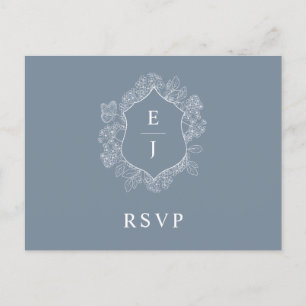 Carte Postale Monogramme de crête florale bleu Dusty RSVP