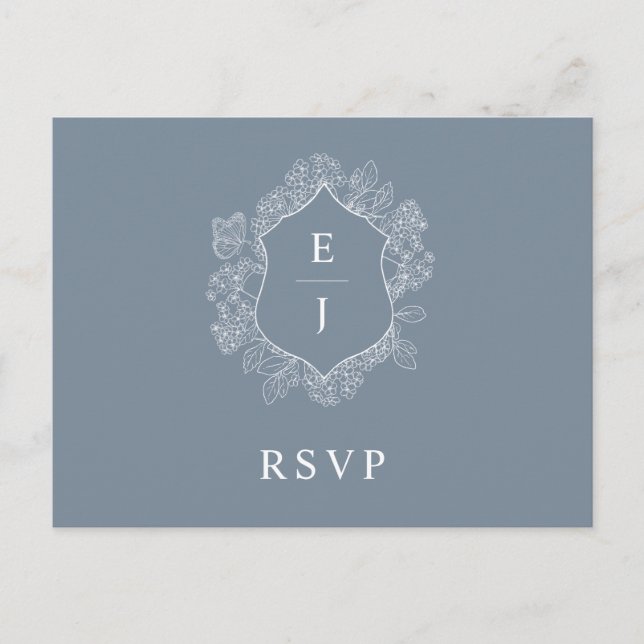Carte Postale Monogramme de crête florale bleu Dusty RSVP (Devant)