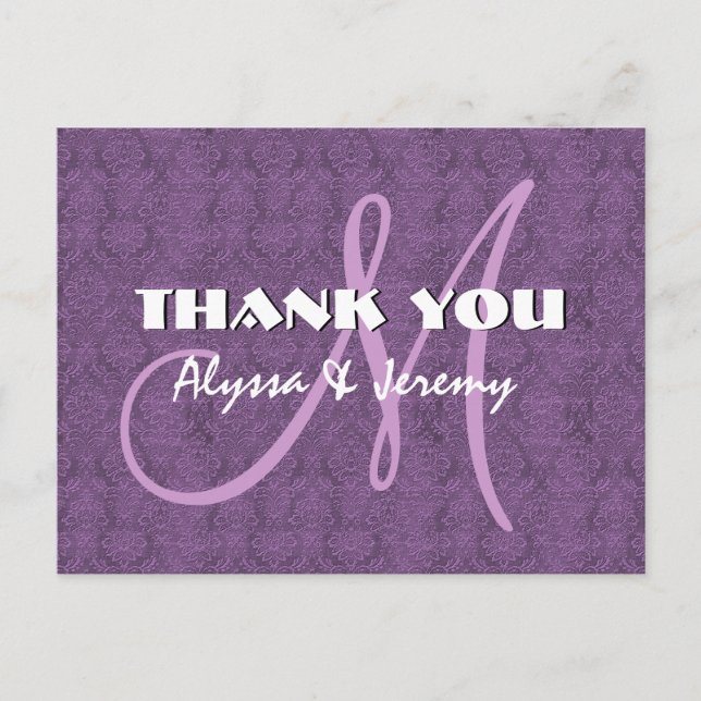 Carte Postale Monogramme de Merci Mariage damassé violet N802 (Devant)