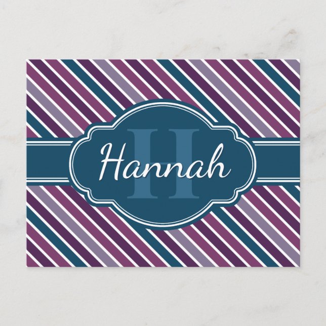 Carte Postale Monogramme de Motif Turquoise Gras Violet (Devant)