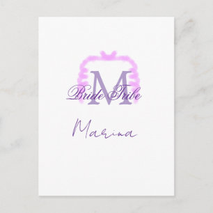 Carte Postale Monogramme de tribu de mariée violet fronce rose b