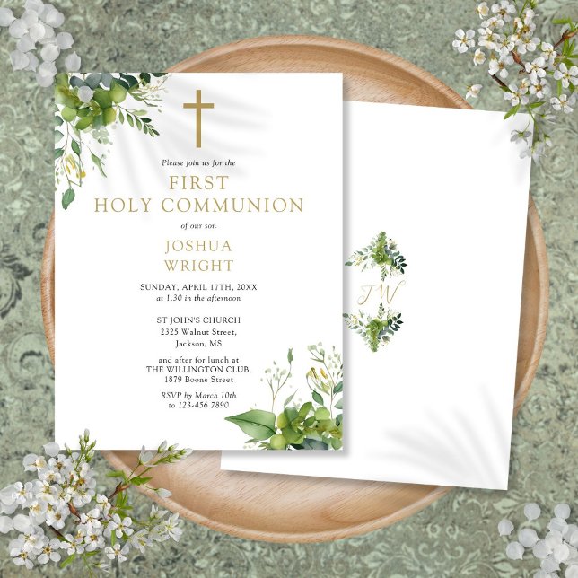 Carte Postale Monogramme de verdure Première Communion Invitatio (Greenery Monogram First Holy Communion Invitation Postcard)