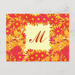 Carte Postale Monogramme encadré de fleurs - rouge et or