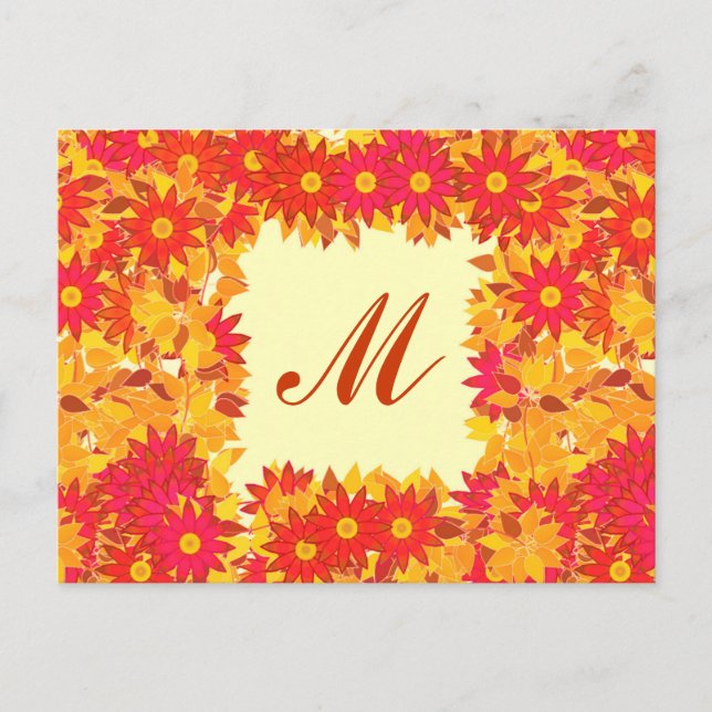 Carte Postale Monogramme encadré de fleurs - rouge et or (Devant)