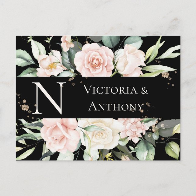 Carte Postale Monogramme floral aquarelle noire Save the Date (Devant)