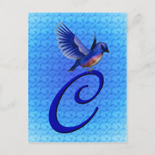 Carte Postale Monogramme Initial C Élégant Oiseau Bleu