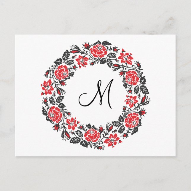 Carte Postale Monogramme initial des roses rouges à point croisé (Devant)