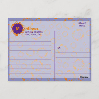 Carte Postale Monogramme Initial Orange Violet Carrés Cercles