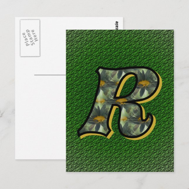 Carte Postale Monogramme Initial R Art Floral Marguerites (Devant / Derrière)