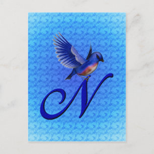 Carte Postale Monogramme Initiale N Élégant Oiseau Bleu