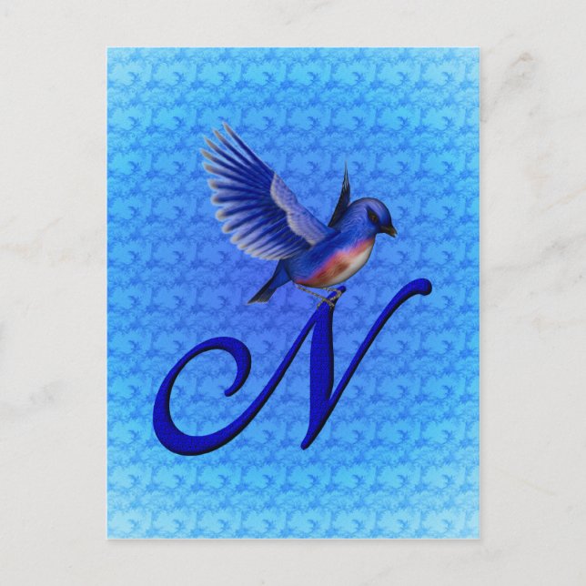 Carte Postale Monogramme Initiale N Élégant Oiseau Bleu (Devant)