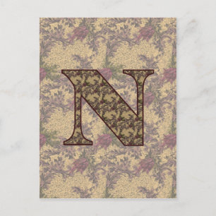 Carte postale monogramme initiale N élégante Flora