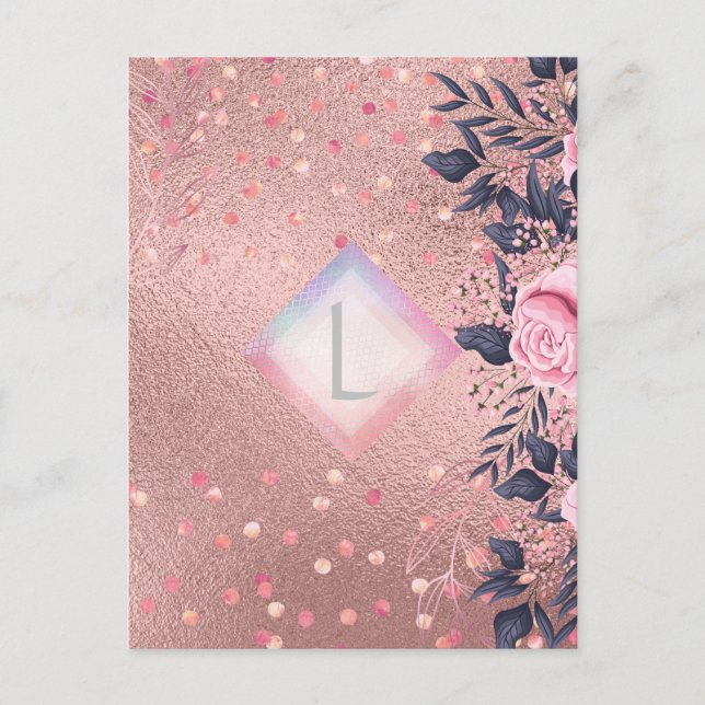Carte Postale Monogramme Lilibet floral rose gold adapté à la pr (Devant)