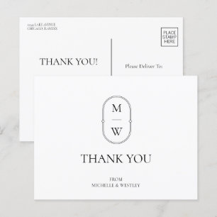 Carte Postale Monogramme minimaliste noir Merci Mariage blanc