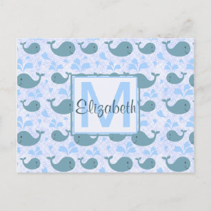 Carte Postale Monogramme Motif de baleines bleues mignonnes