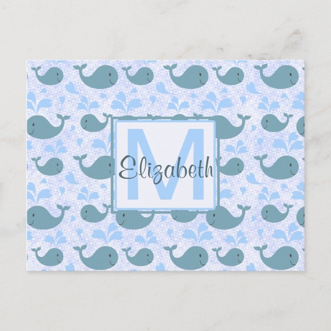 Carte Postale Monogramme Motif de baleines bleues mignonnes (Devant)