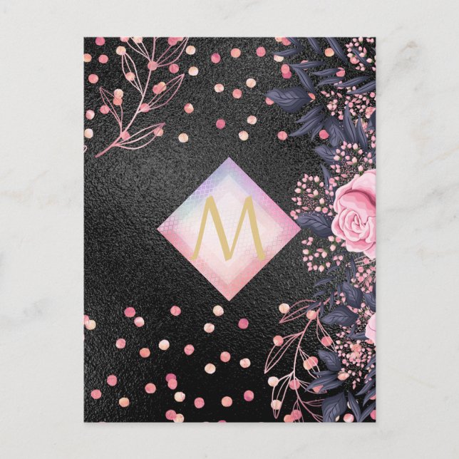 Carte Postale Monogramme noir ROSEGOLD rose Parties scintillant  (Devant)