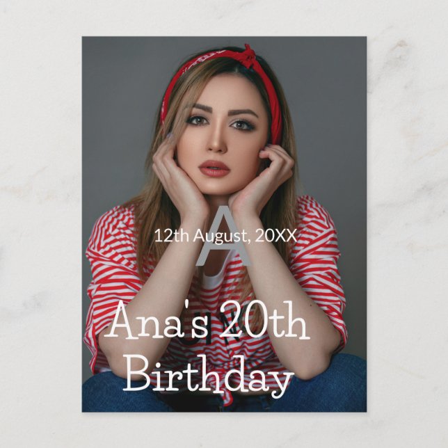 Carte Postale Monogramme photo joyeux 20e anniversaire gris blan (Devant)