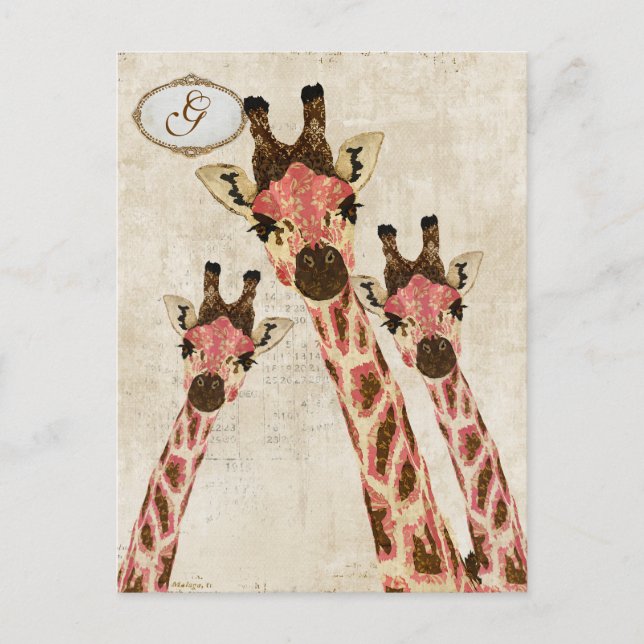 Carte postale Monogramme Rosa & Copper Giraffes (Devant)