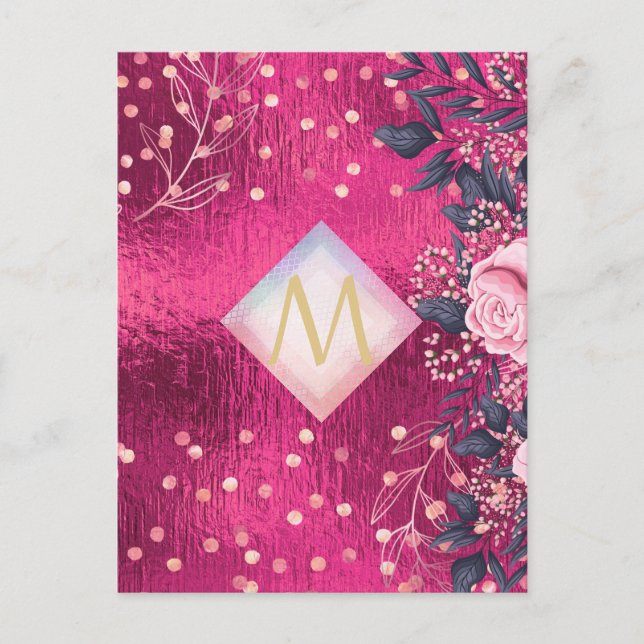 Carte Postale Monogramme rose métallique Rosegold Marine Parties (Devant)