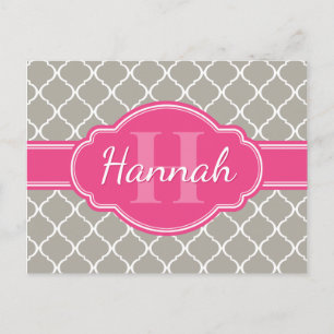 Carte Postale Monogramme rose Motif en lattice blanc gris