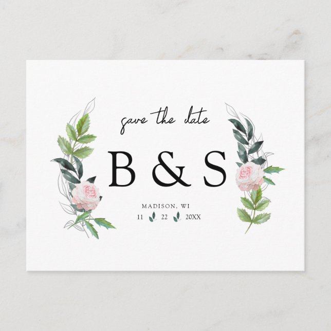 Carte Postale Monogramme rose Simple Mariage Sauver La Date (Devant)
