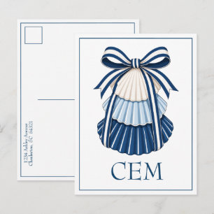 Carte Postale Monogramme Rubans et Coquillages Bleus et Blancs