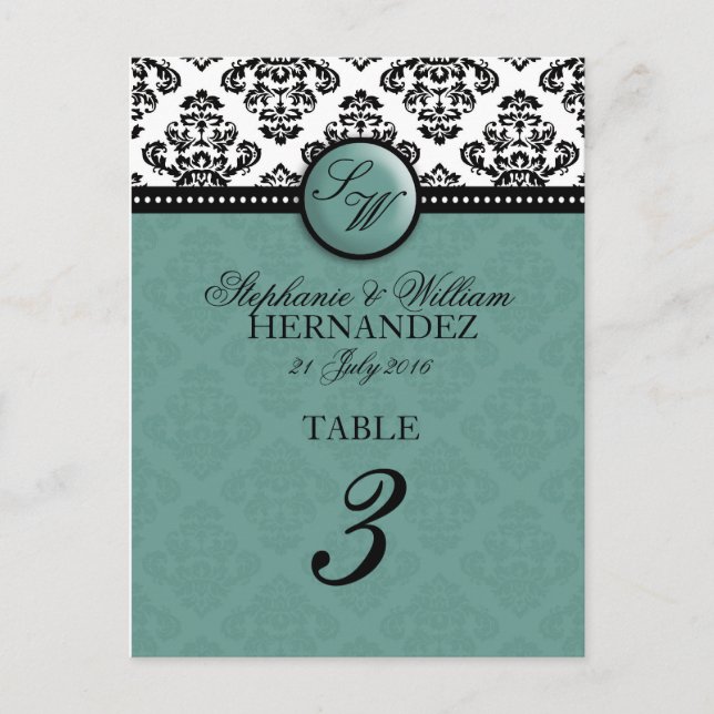 Carte Postale Monogramme turquoise - Réception de mariage Numéro (Devant)