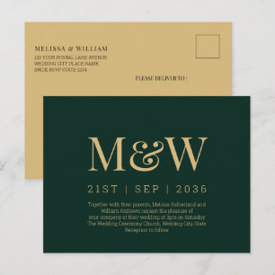 Carte Postale Monogramme vert or Faire-part de mariage