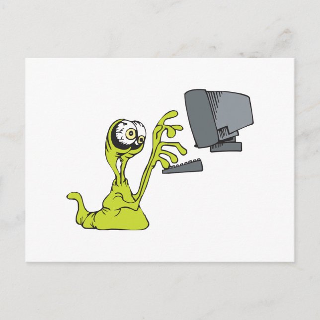 Carte Postale monstre alien blob vert en train de taper sur un o (Devant)