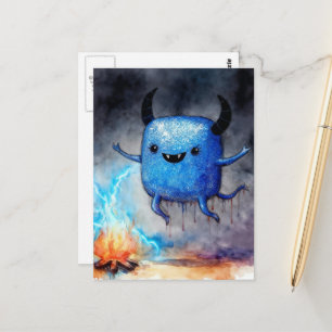 Carte Postale Monstre bleu mignon à l'aquarelle et feu de camp